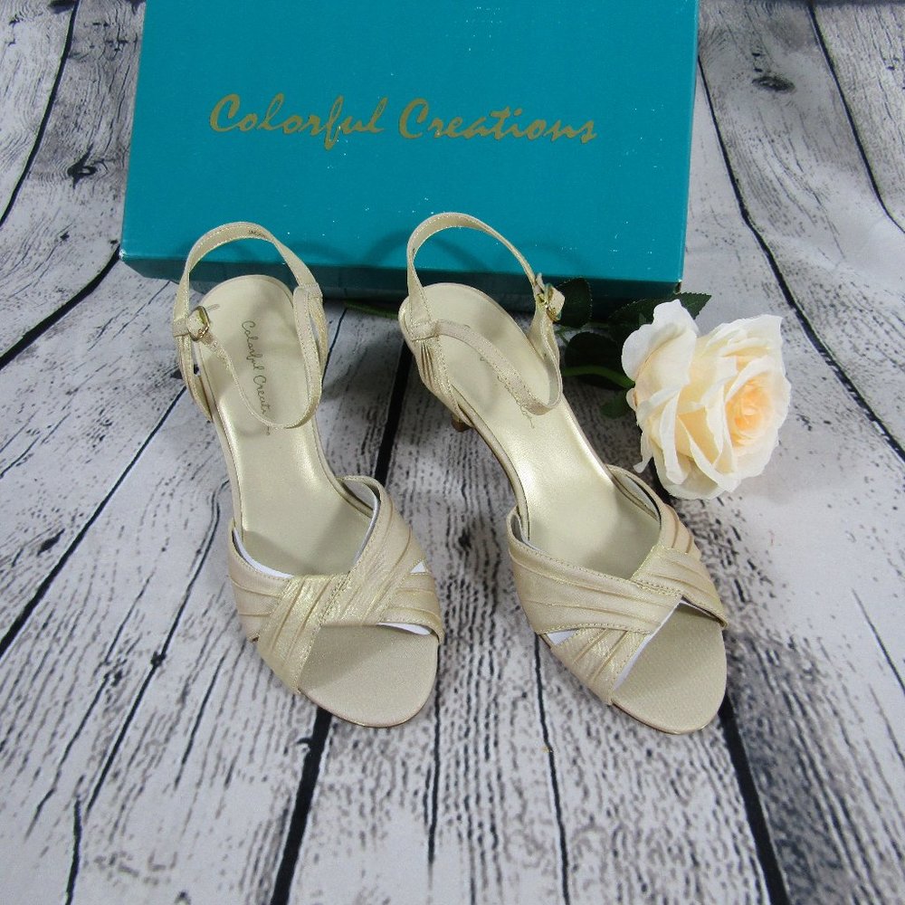 Colorful Creations Jackie Open Toe Gold Sling Back Heels Size 7M